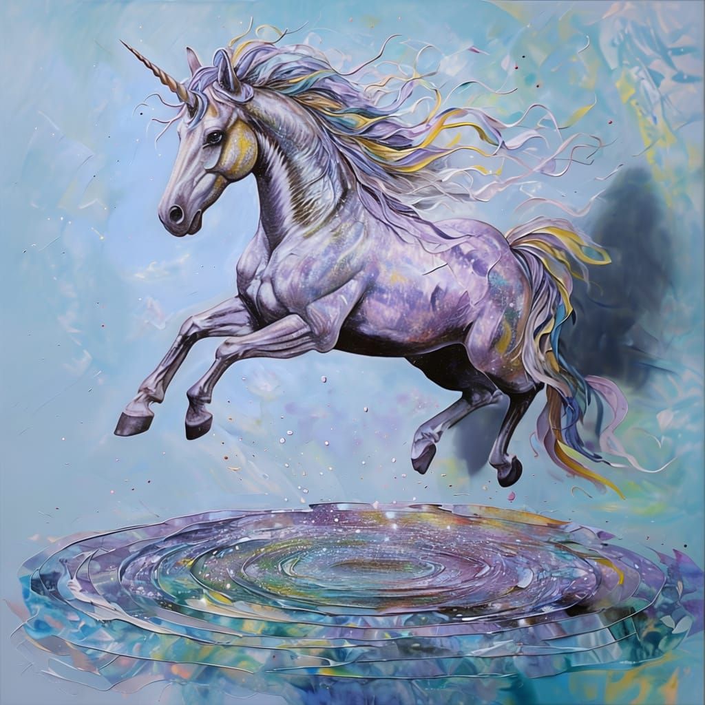 Impasto Painting: A  silverish white unicorn