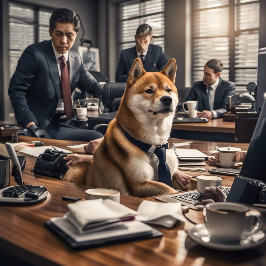 A shiba inu in a suit sitting at an office desk with servant...