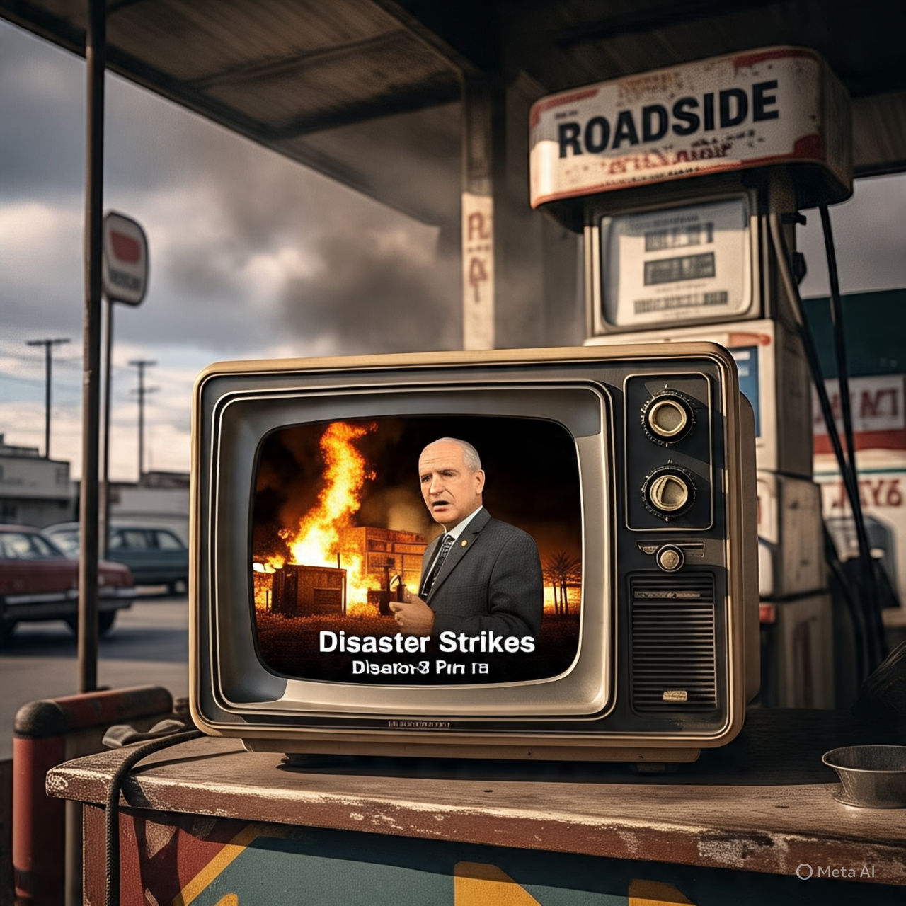 An awful news report appears on a vintage TV in a gas station