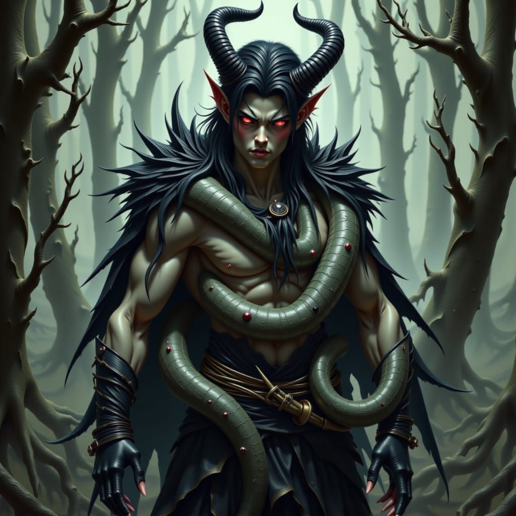 A majestic Demon King with piercing crimson eyes and sharp horns, dressed in dark, tattered finery, wraps his muscular arms around a pale-sk...