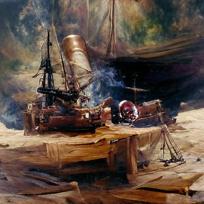 A pirate ship with the captain sitting next to the cannon