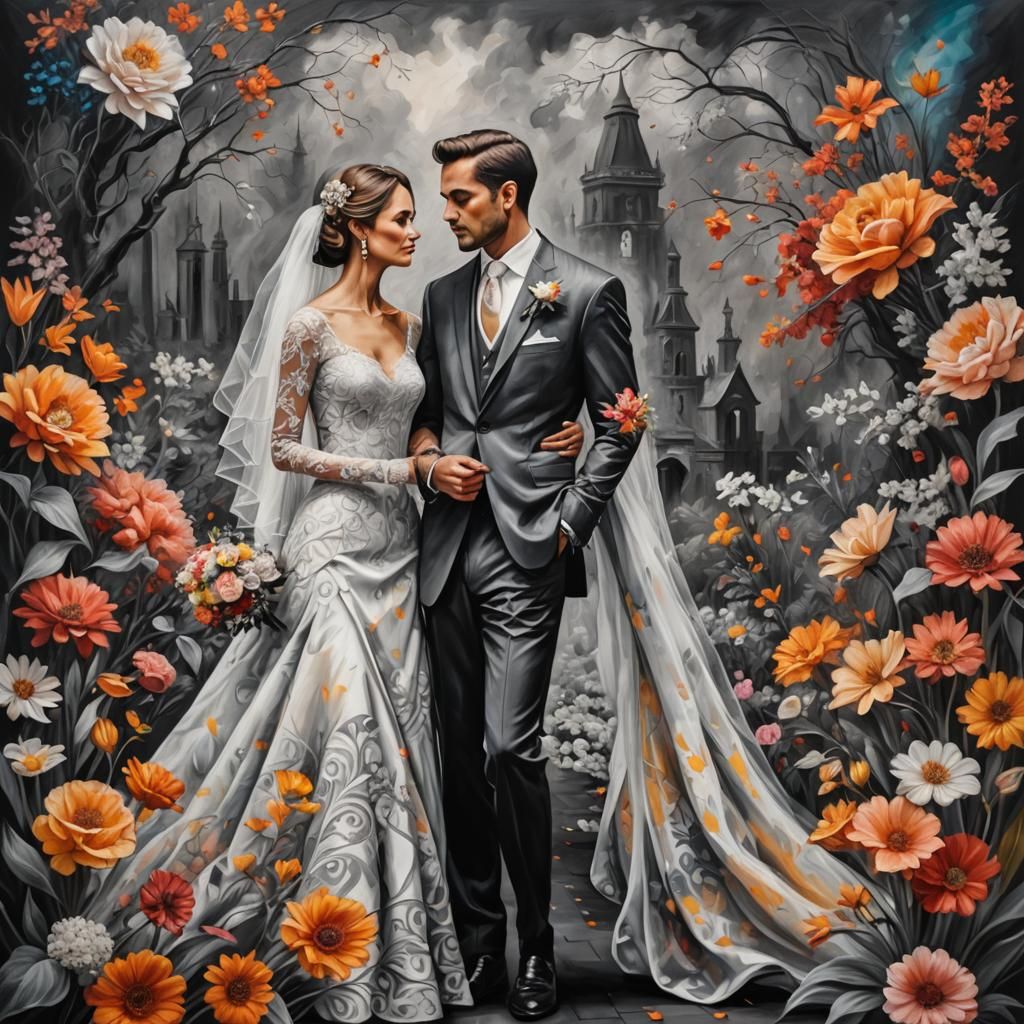 the art of oil painting, an abstract of a groom and bride ex...