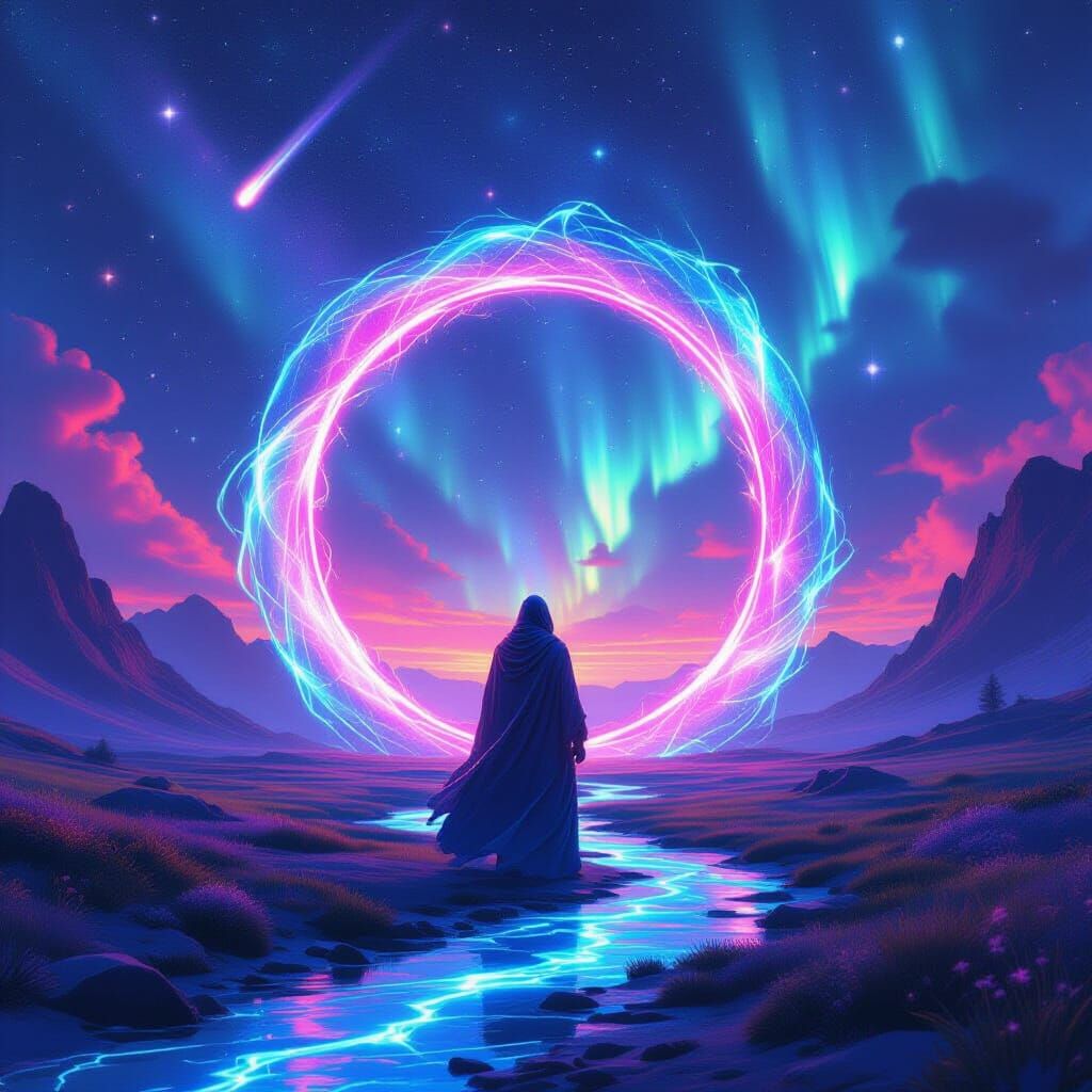 A beautiful valley with a neon rainbow river going through, a cosmic sky filled with auroras, stars, ...  by @Not MJ