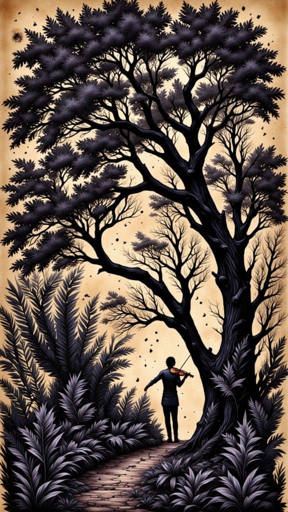 Lone Violinist Silhouette in Sunset Impasto