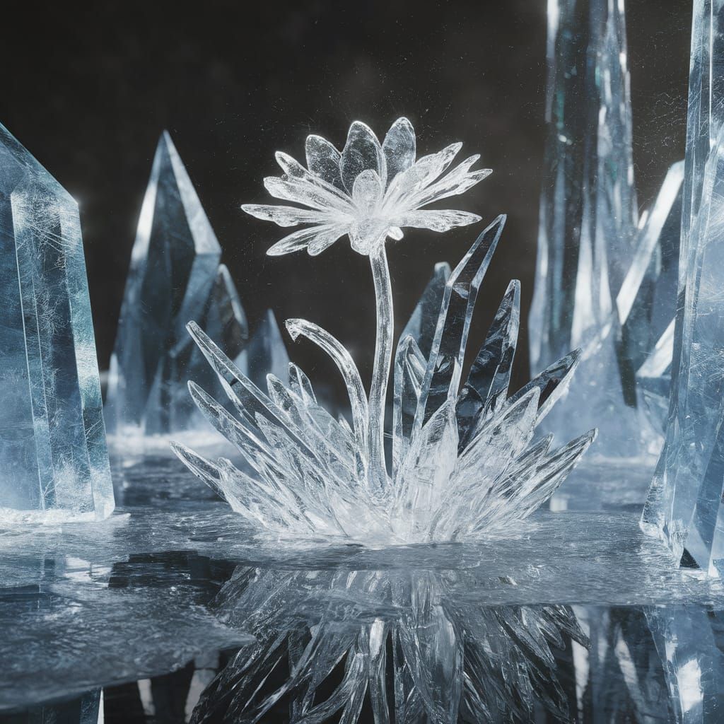 A crystal garden, the air around it crackles with frozen energy, delicate ice flowers bloom on the sheer icy surface.
A single flower, carve...