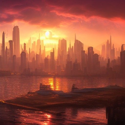 City skyline across the water at sunset