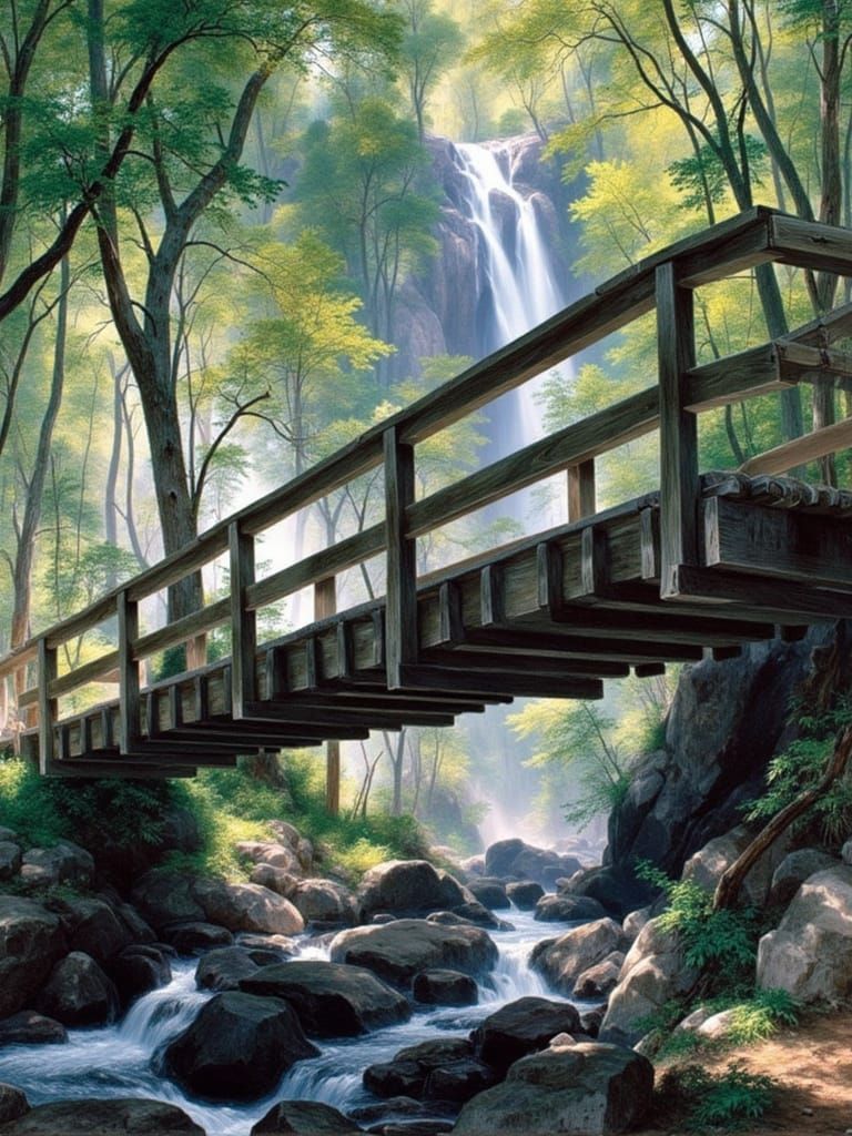 <lora:Hudson River v2:1.0> A dramatic painting of a wooden footbridge crossing a rocky streambed with a water fall in the background, surrou...