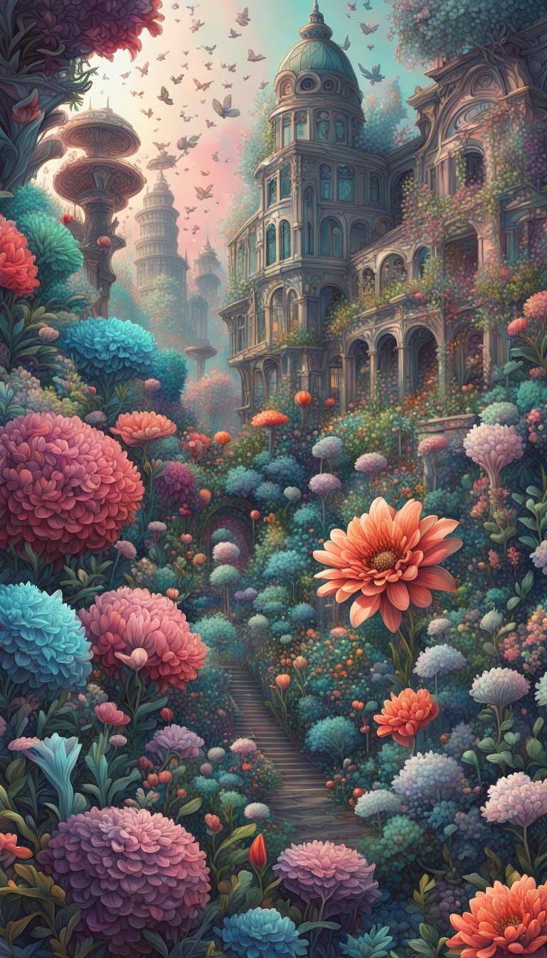 Fantasy flower garden cool colors maximalist digital illustr...