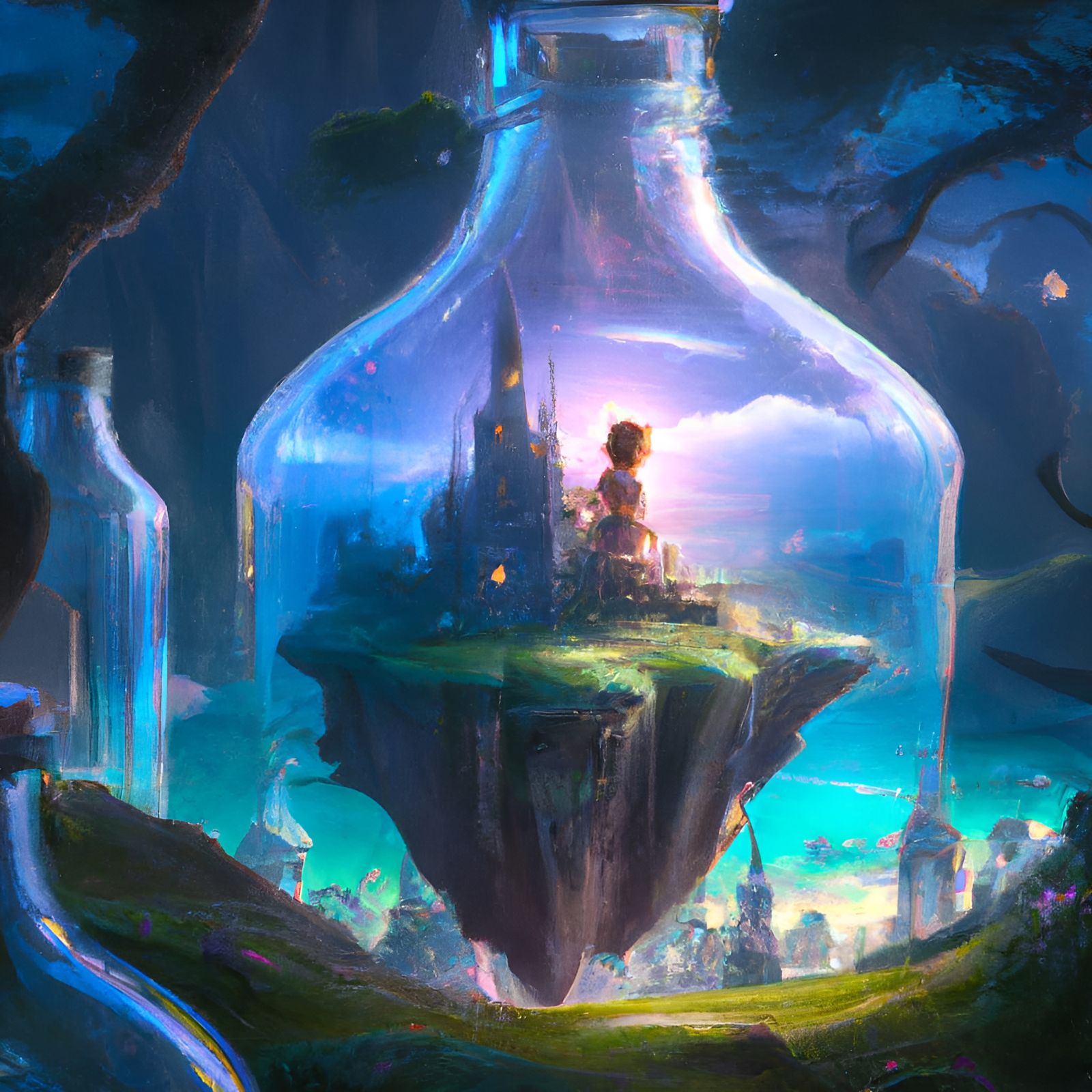 Magical wonderland in a 8K glass bottle, hyperdetailed, delicate
