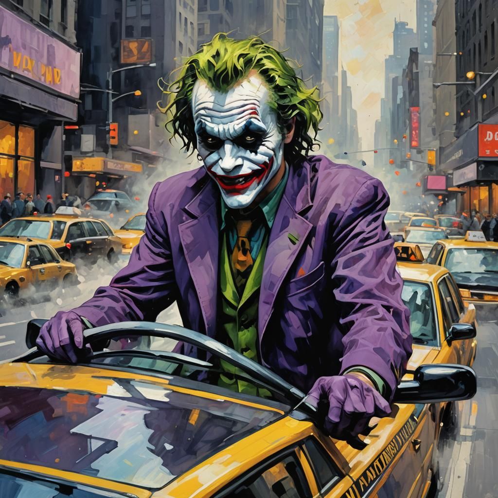 Depict The Joker behind the wheel of a taxi cab, sporting a ...
