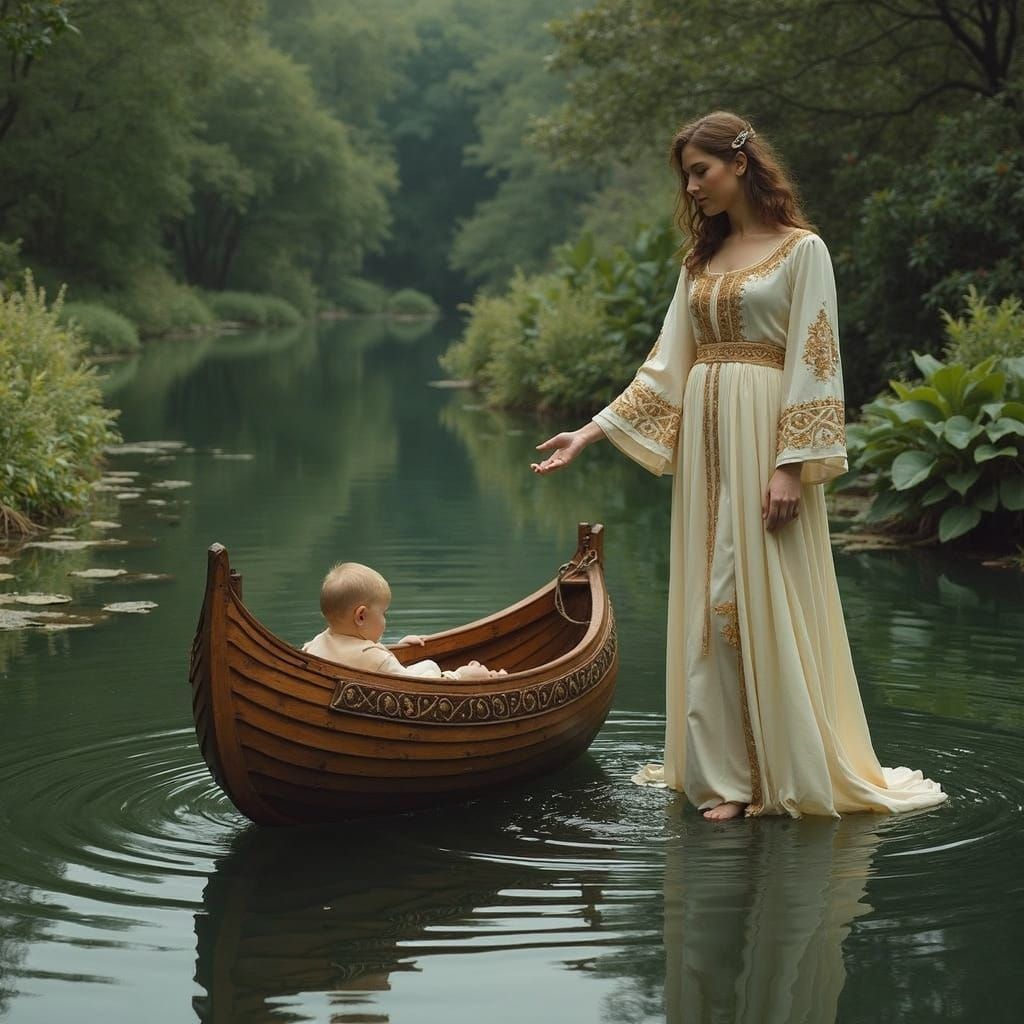 Regal Woman Offers Gift to Sacred Infant in Serpentine Lake