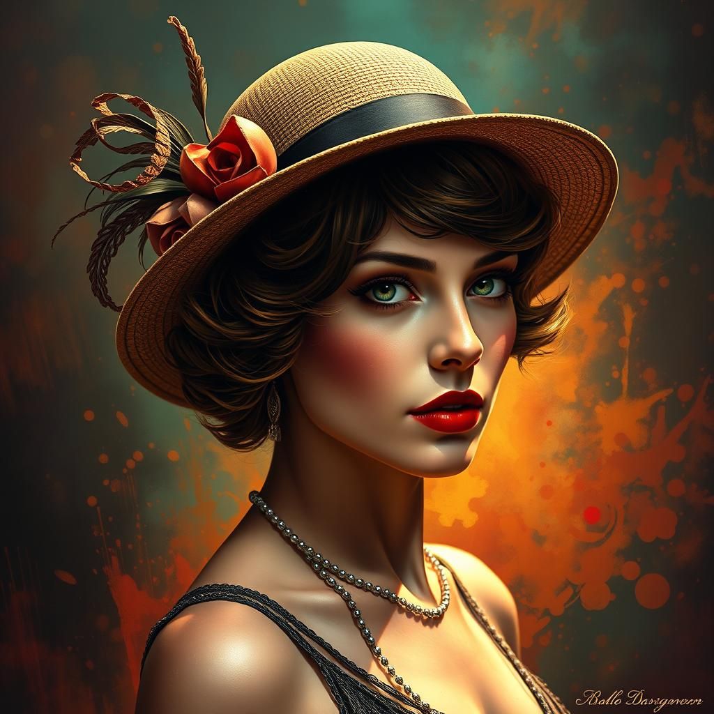 1920's woman wearing a hat and shear flapper dress.