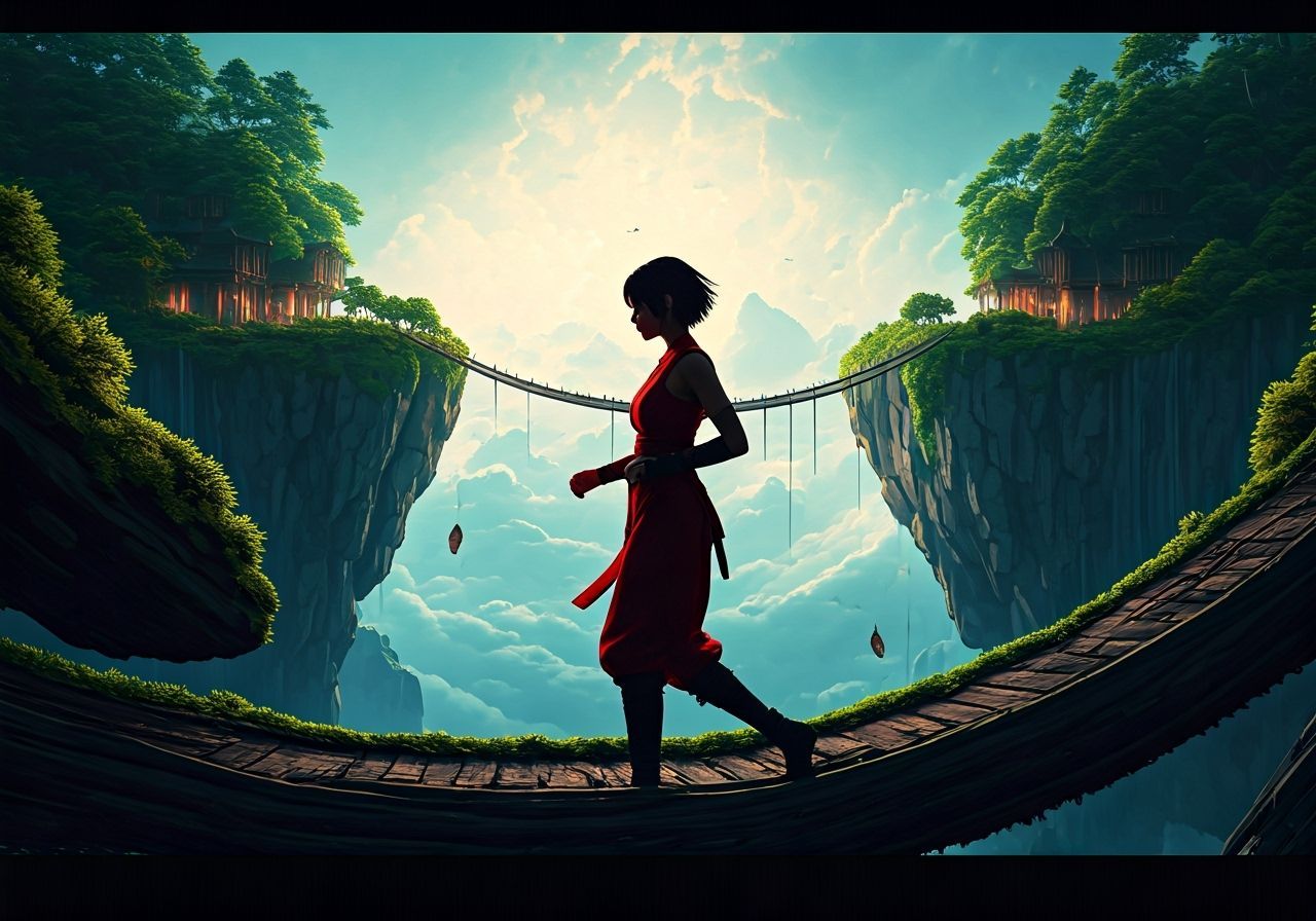 Thai Woman in Kunoichi Outfit on Bridge Between Floating Isl...