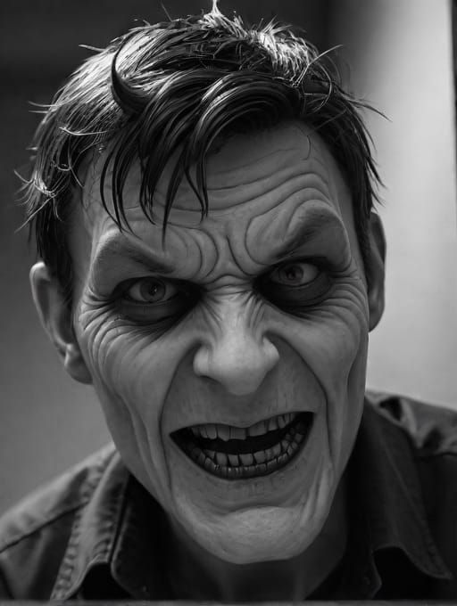 Terrifying subtle black and white horror creation of an insane evil dark haired figure named Satan in human form smiling...