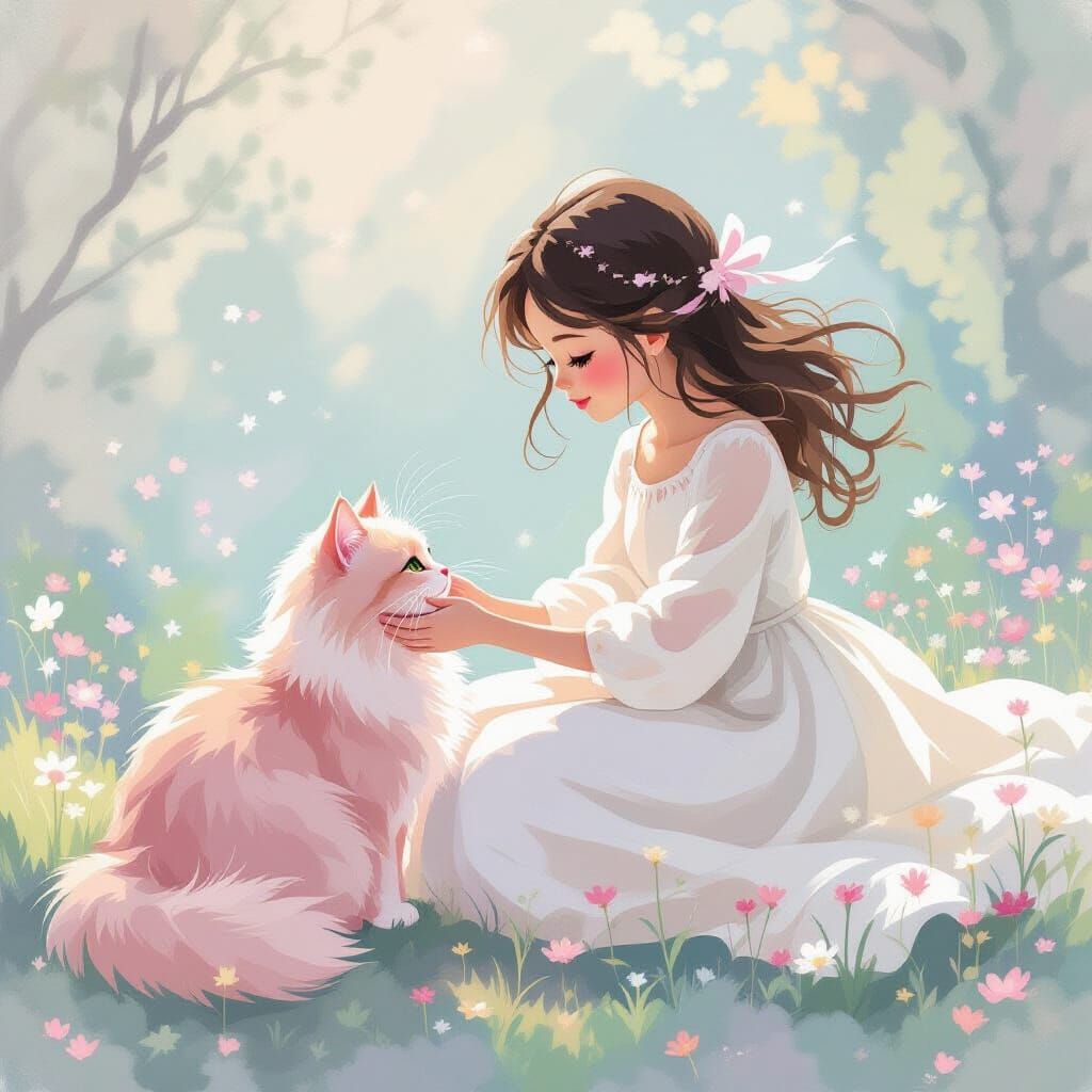 Girl Petting Pink Cat in Whimsical Anime Style