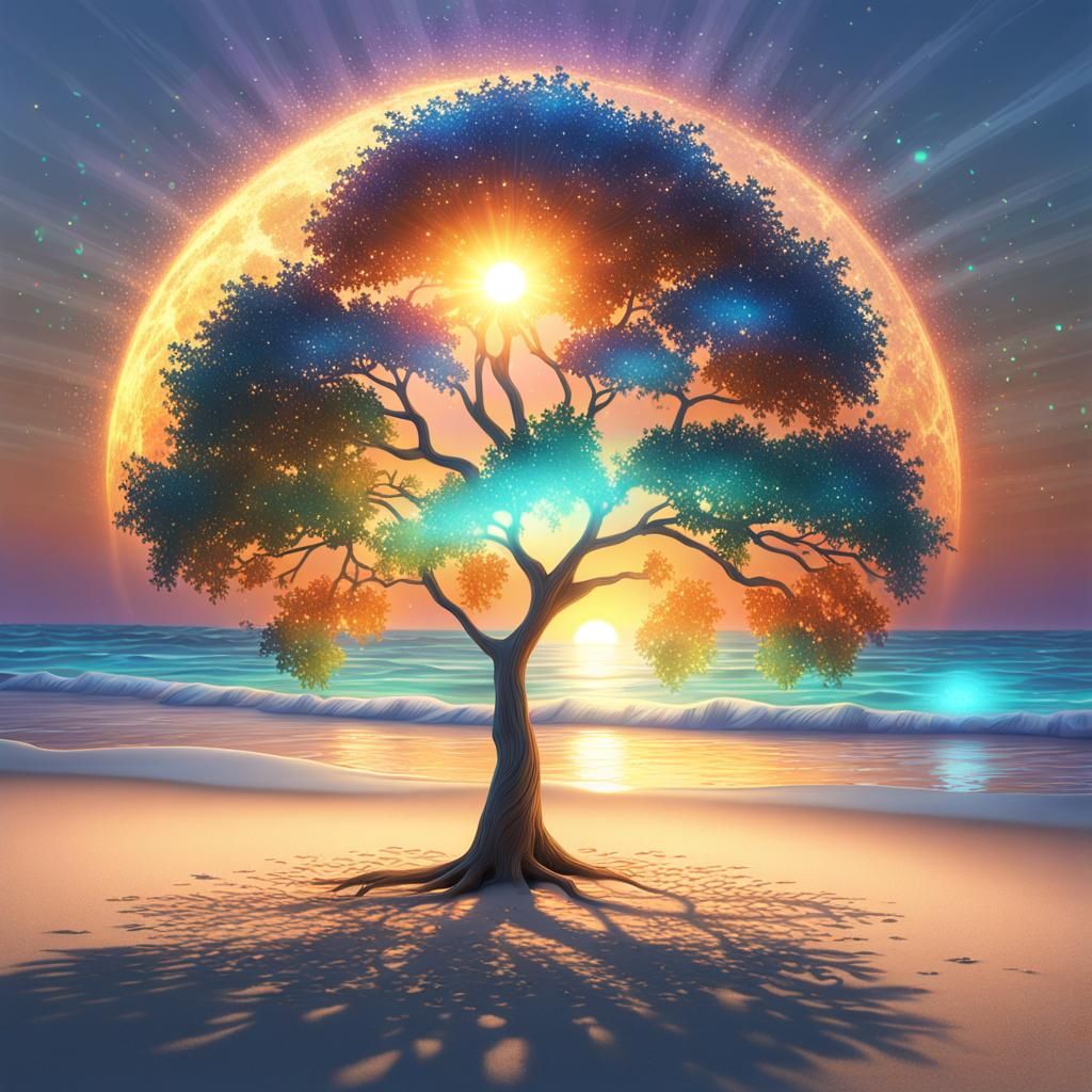 iridescent sunset on the beach, sand with glowing particles ...