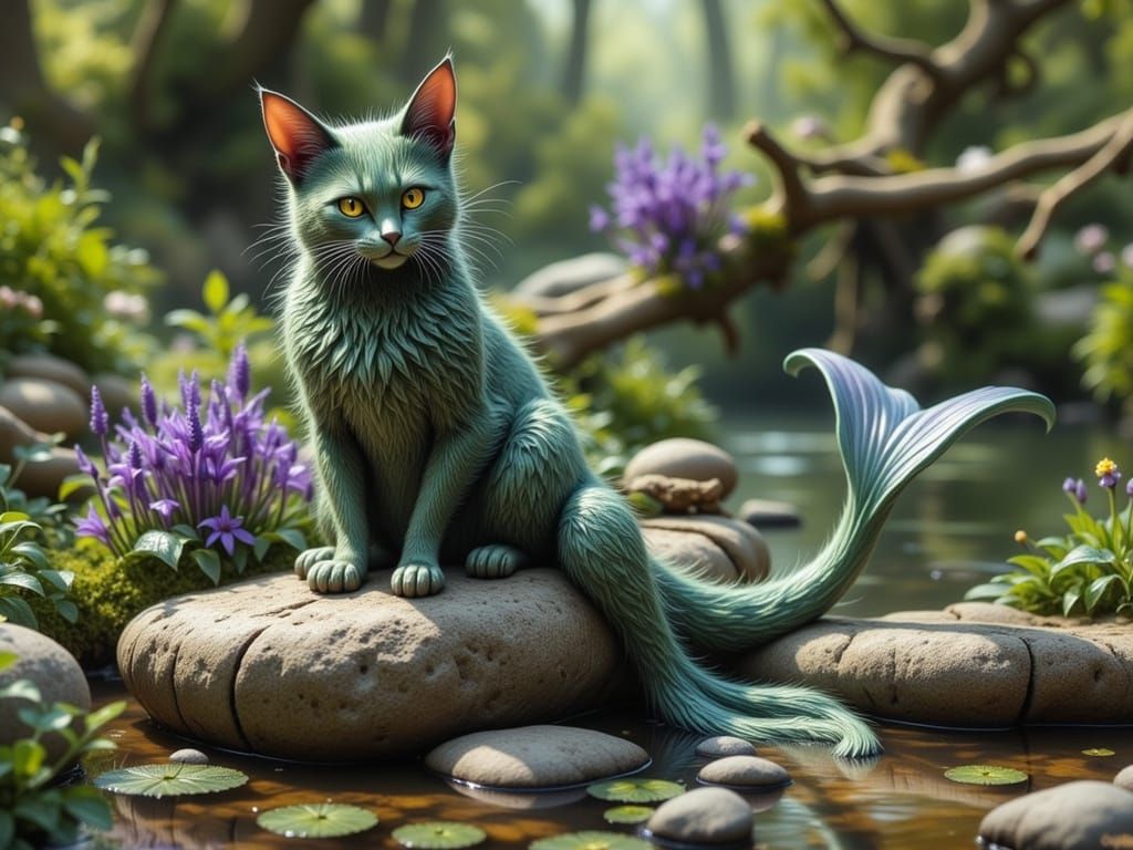 A cat in the Little Mermaid of Copenhagen pose