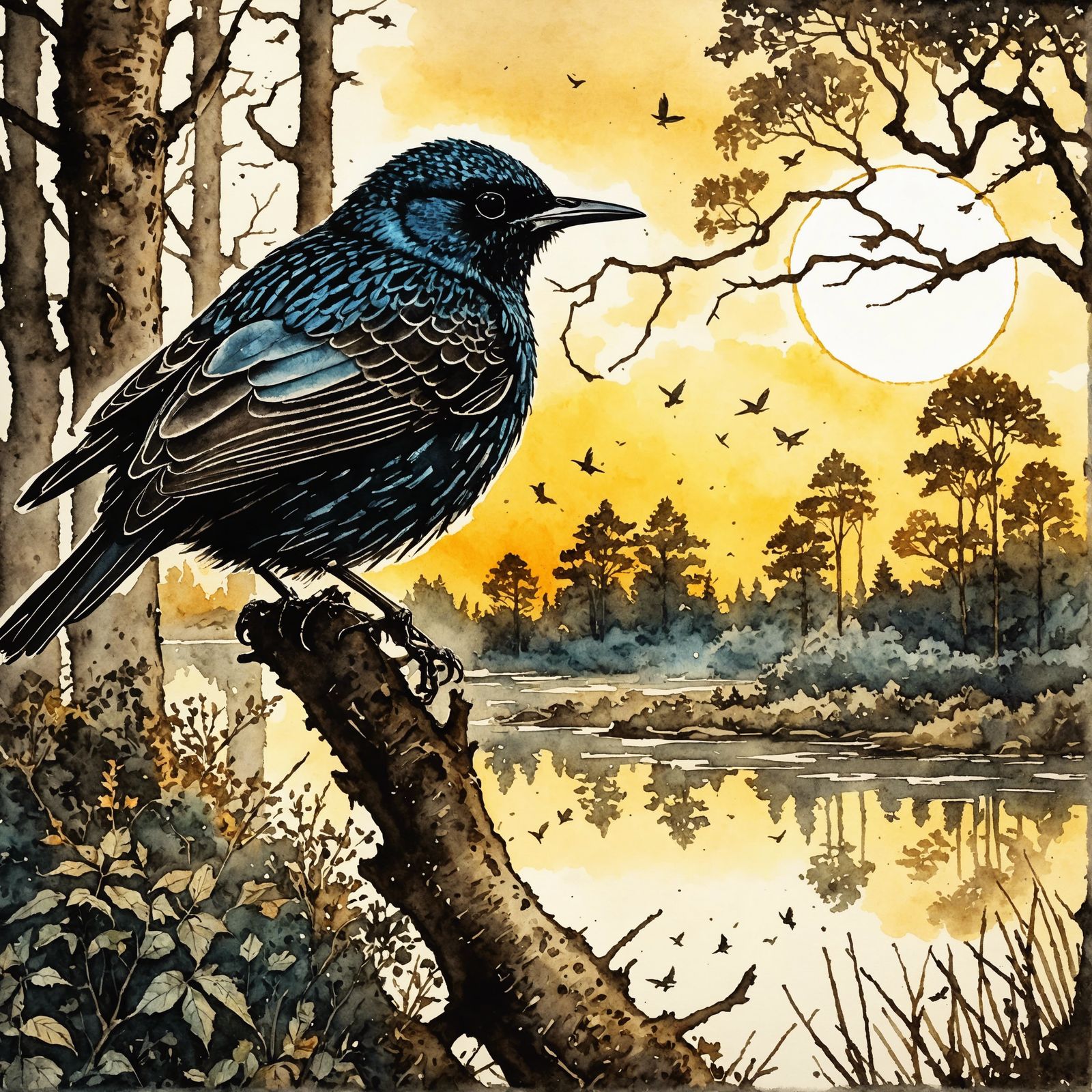 Starling at sunrise. ink drawing and wet on dry Watercolor, golden ratio, dynamic composition, hyperdetailed fairytale f...