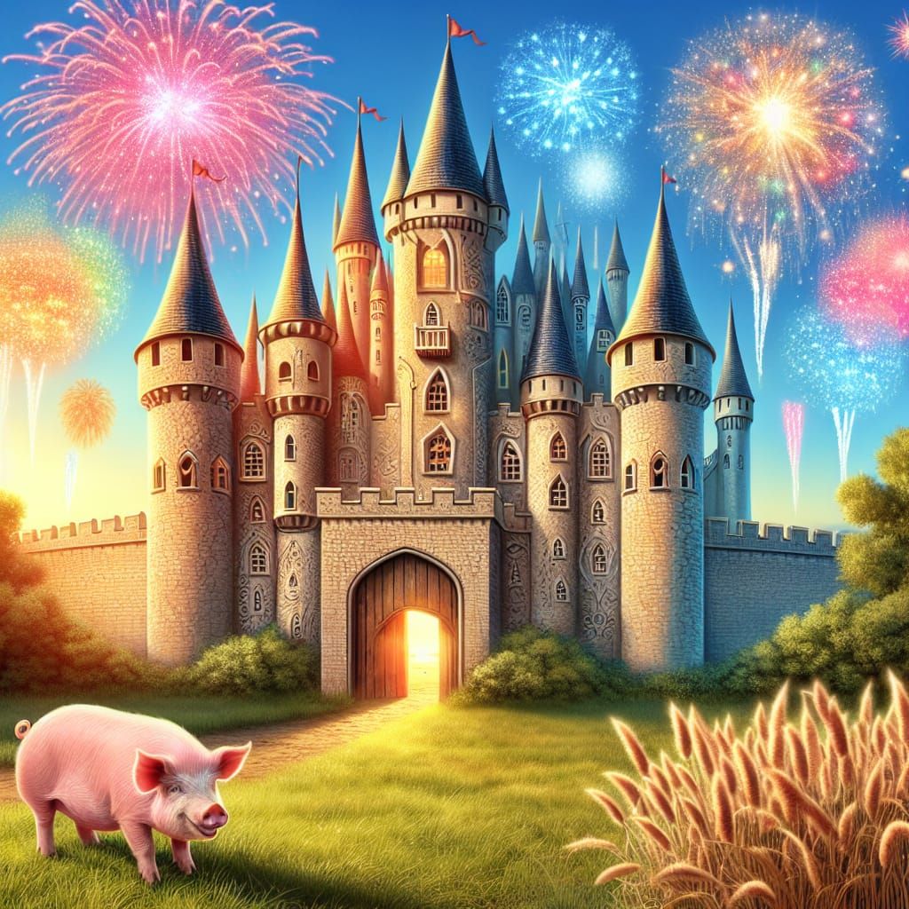 Whimsical Castle Scene with Joyful Pig and Vibrant Fireworks