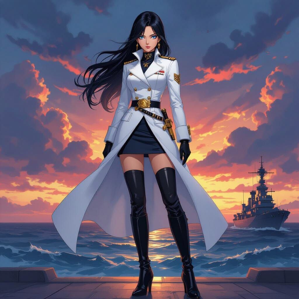  A young anime female admiral in a crisp white navy uniform, complete with a long flowing coat, elegant skirt, and high-heeled boots. She ha...