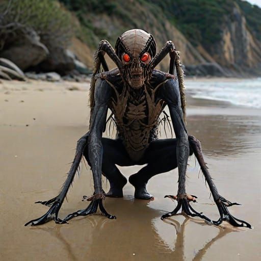 Human spider hybrid metamorphosis mutation on a beach with y...
