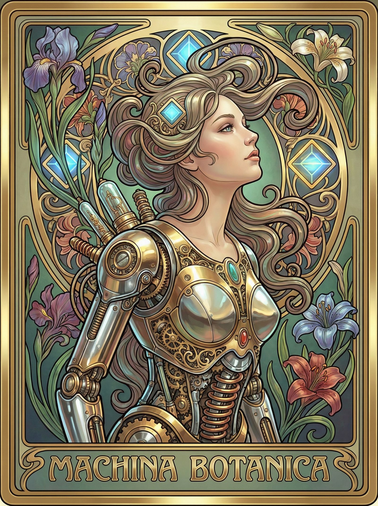 Art Nouveau retro-futuristic cyborg