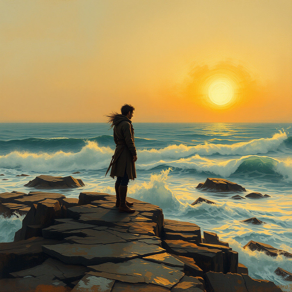 Coastal Figure at Sunset in Ethereal Landscape Art