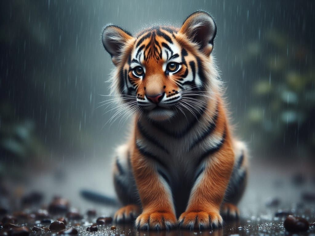 <lora:HRH-Rain-Woven:1.0> A beautiful hyper detailed bedraggled tiger cub.A blurred, rain-soaked aesthetic where details fade into ephemeral...