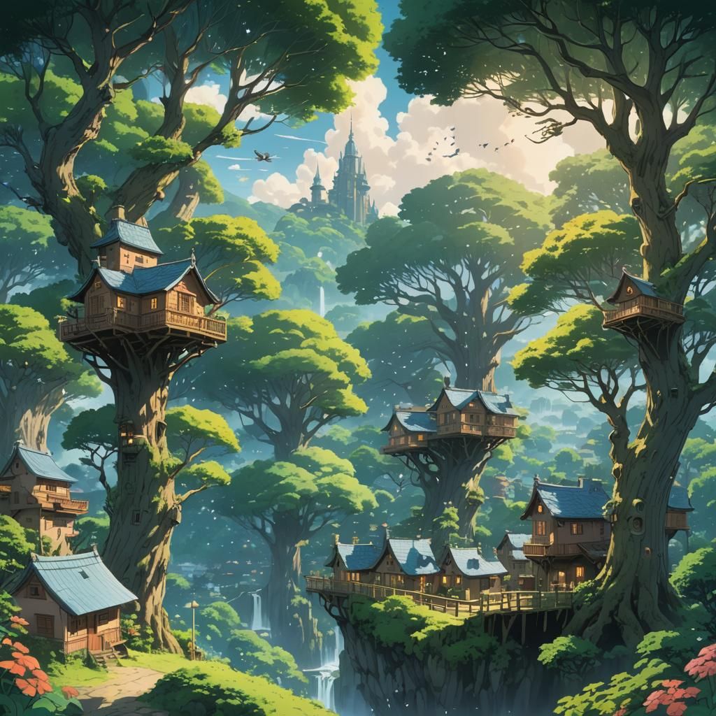 Trees with magical fairies flying around the trees with litt...