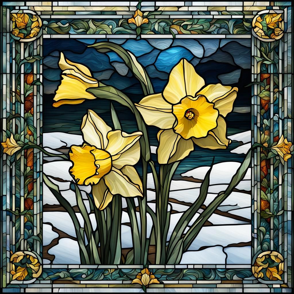 Daffodil in snow stained glass window in the style of Willia...
