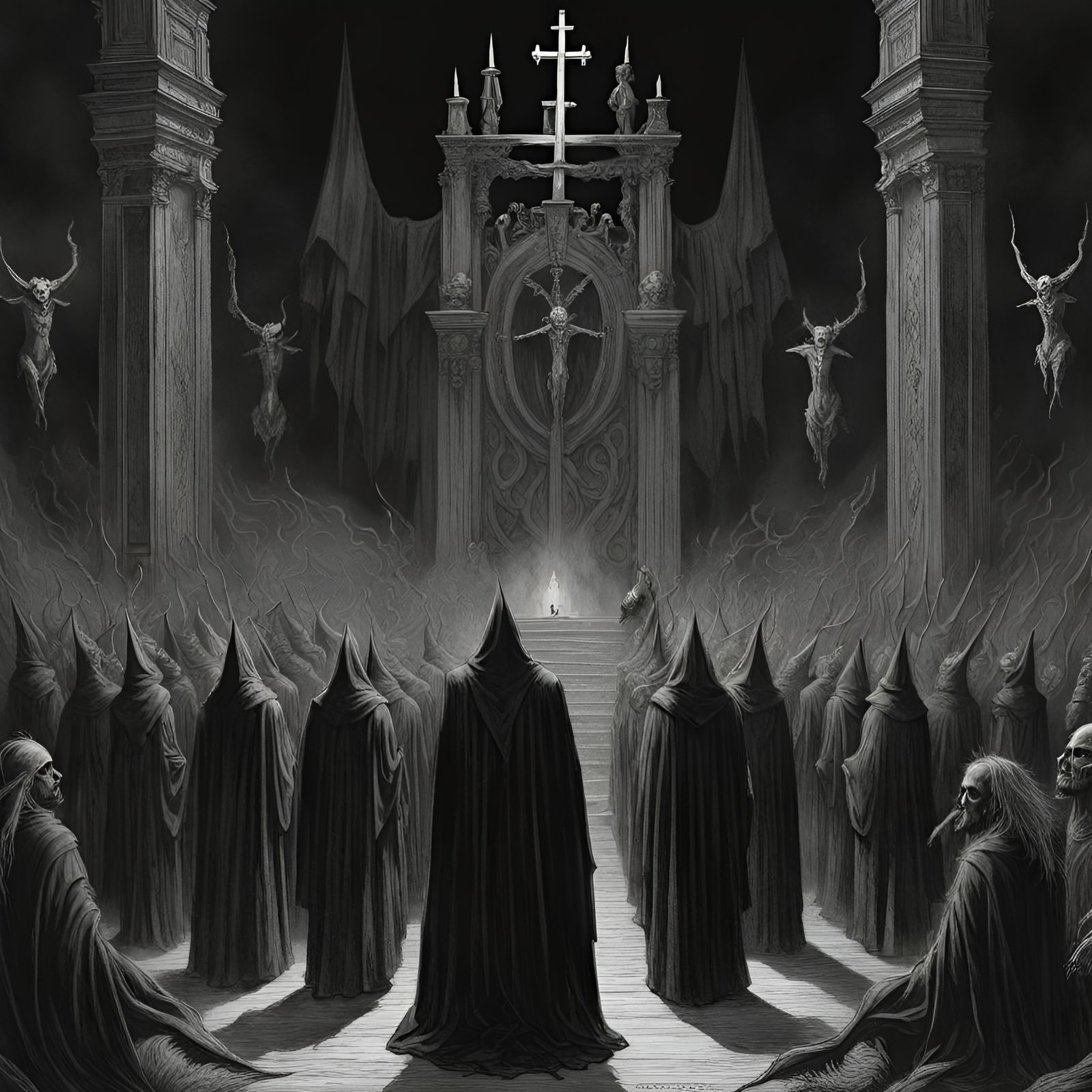 Satanist priests parade in front of Satan's altar with a cross black ...