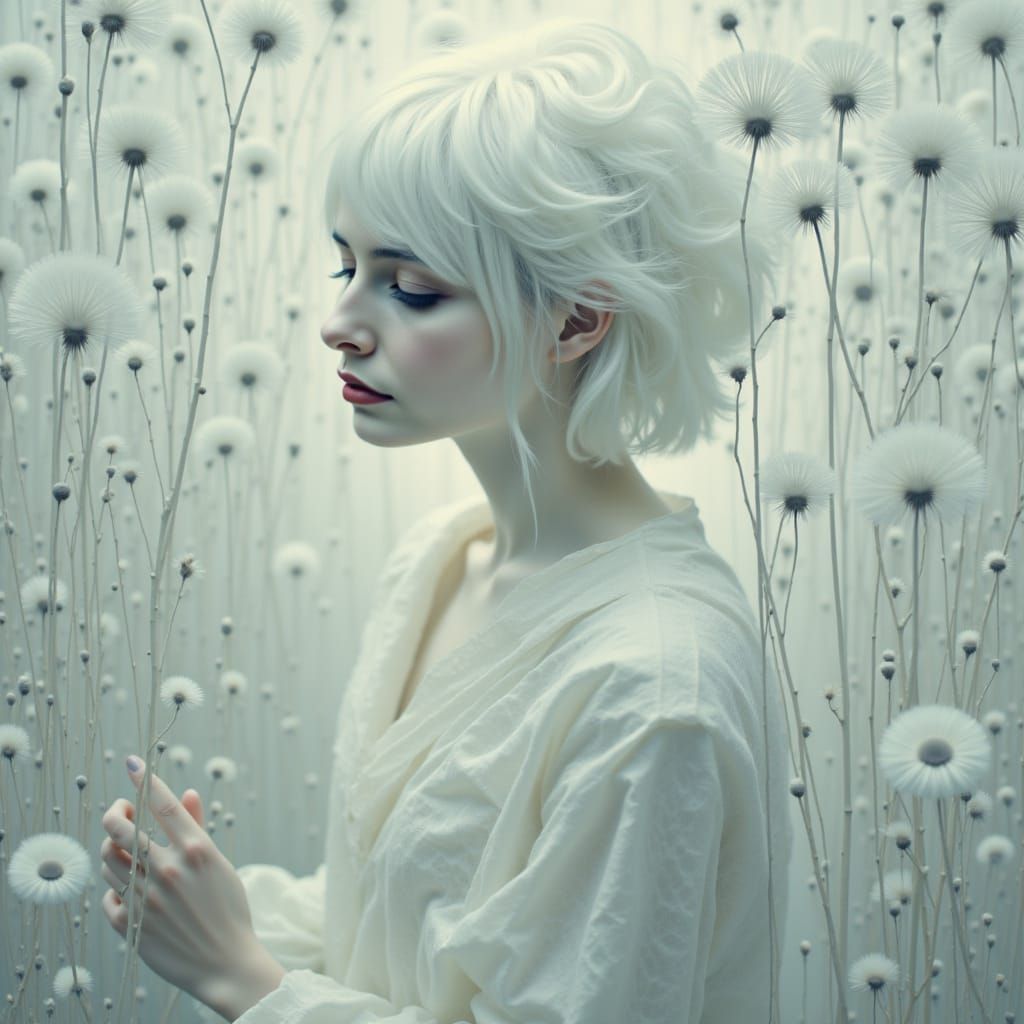 <lora:Hints of Red Gold:1.0>  White on white shades Ghostly Woman with  unusual white  hair  , beautiful, infrared photography ,clothed in l...