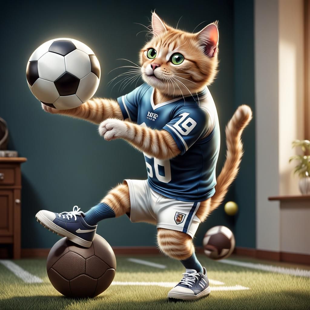 Beautiful cat playing football. He wears a football jersey, shorts and ...