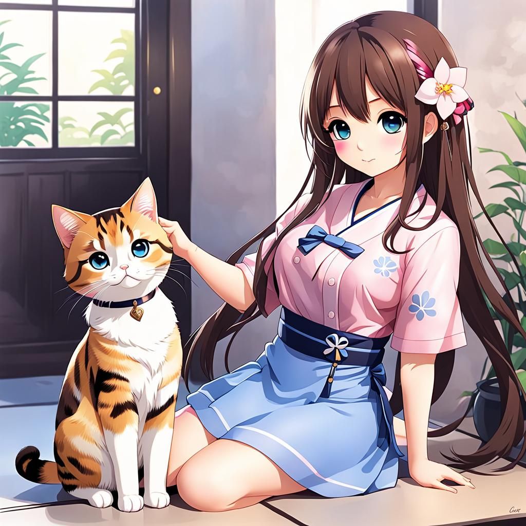 cute chibi Japanese girl and cat
