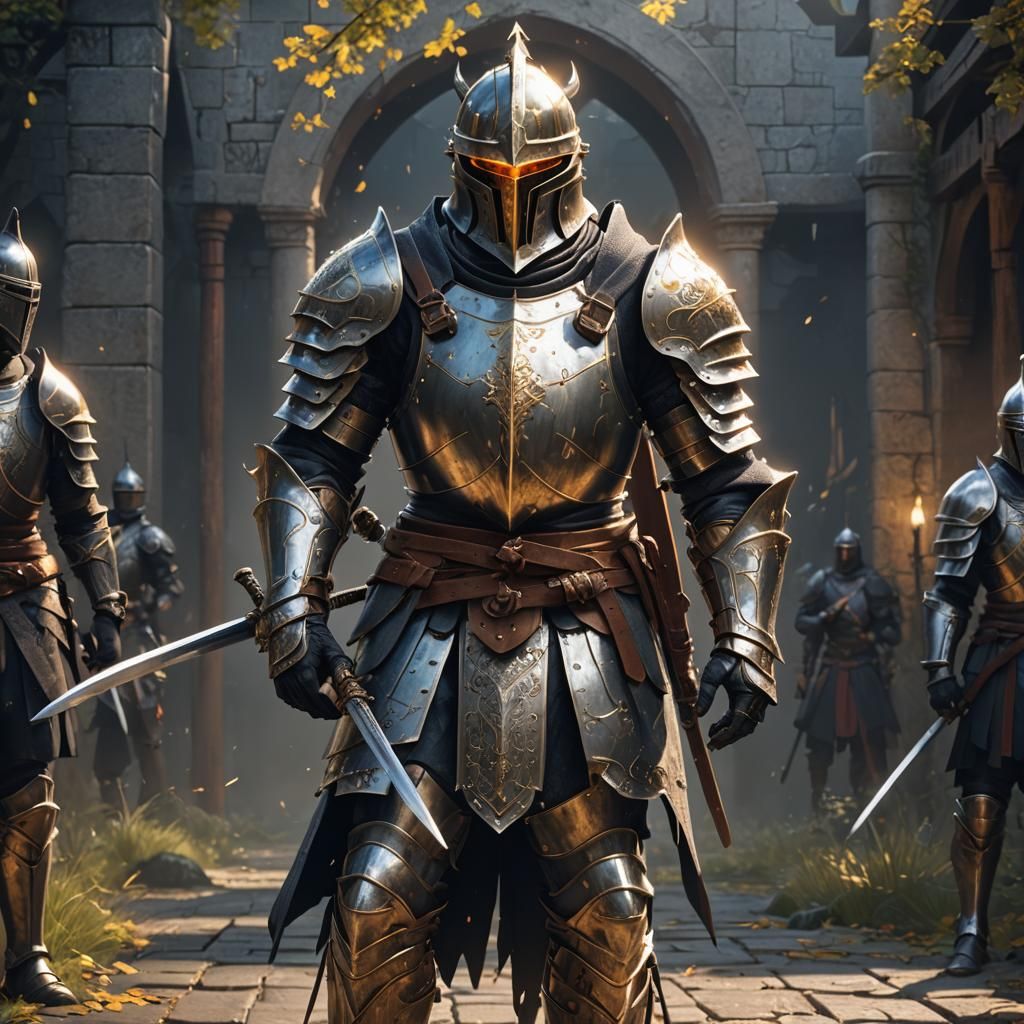 Light plate armor helmeted knight fantasy style with a glowi...
