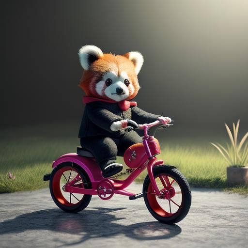 Toddler red panda riding tricycle holding stuffed animal pig