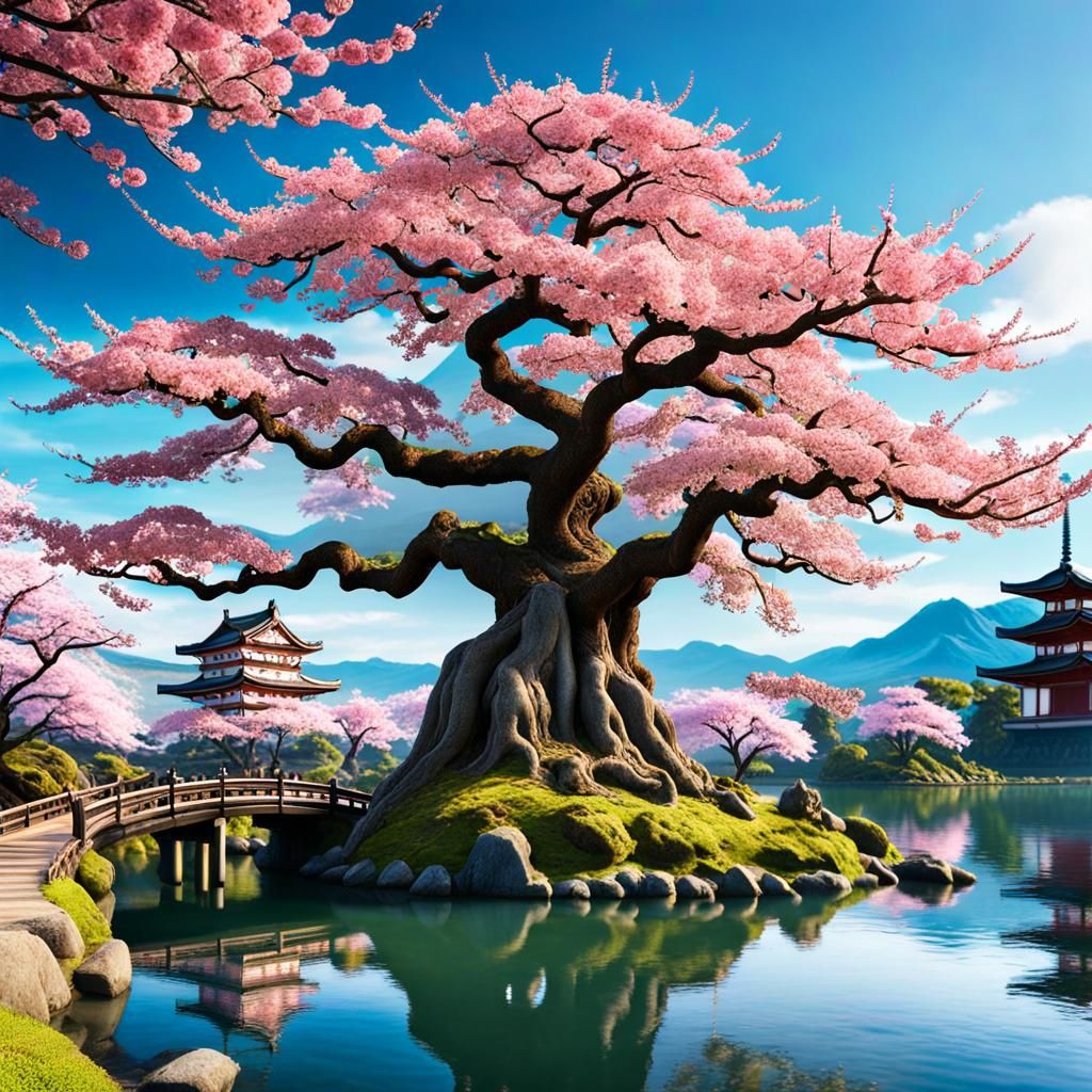 A beautiful ancient sakura tree in front of a lake. Japanese...