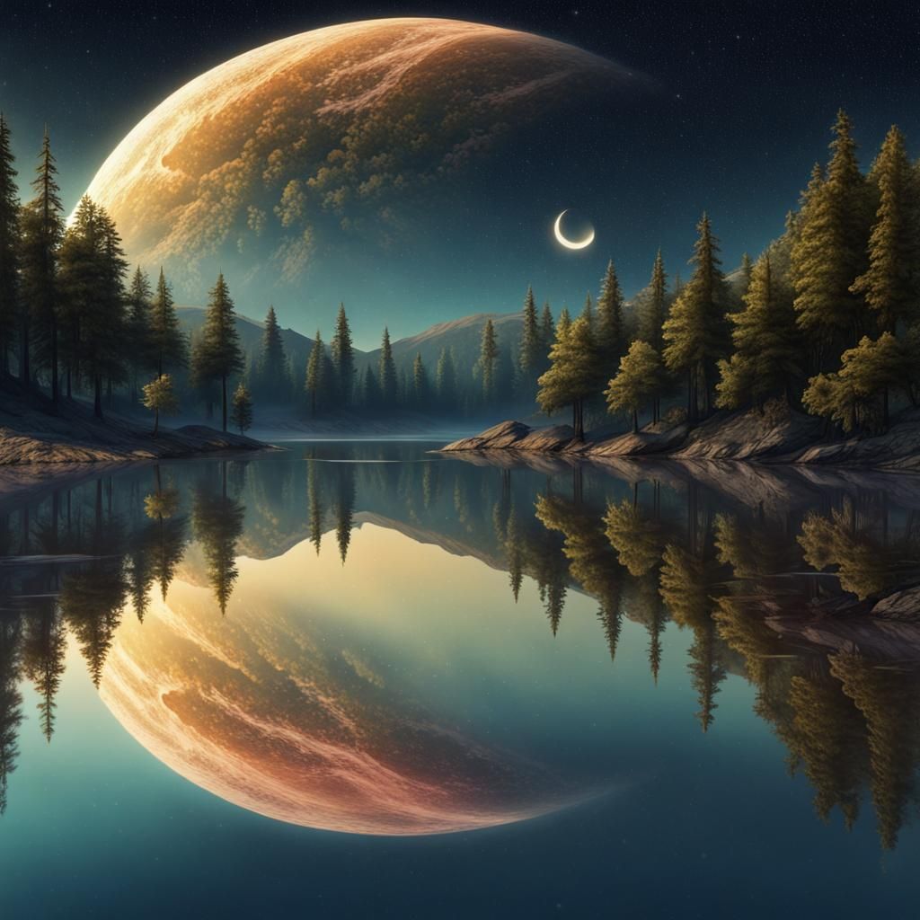 (A mirror-like lake with no ripples, the galaxy and moon ref...