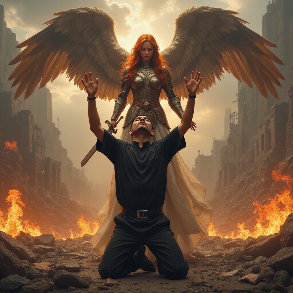 A male, Hispanic Catholic priest looking forward, dressed in black pants and a black, short-sleeved shirt on his knees, ...