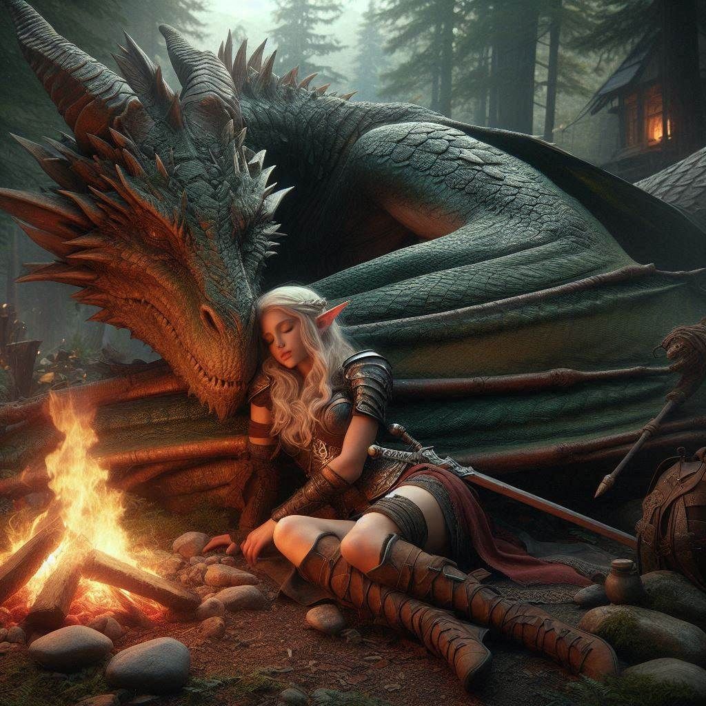 Elf Warrior and Dragon by fire
