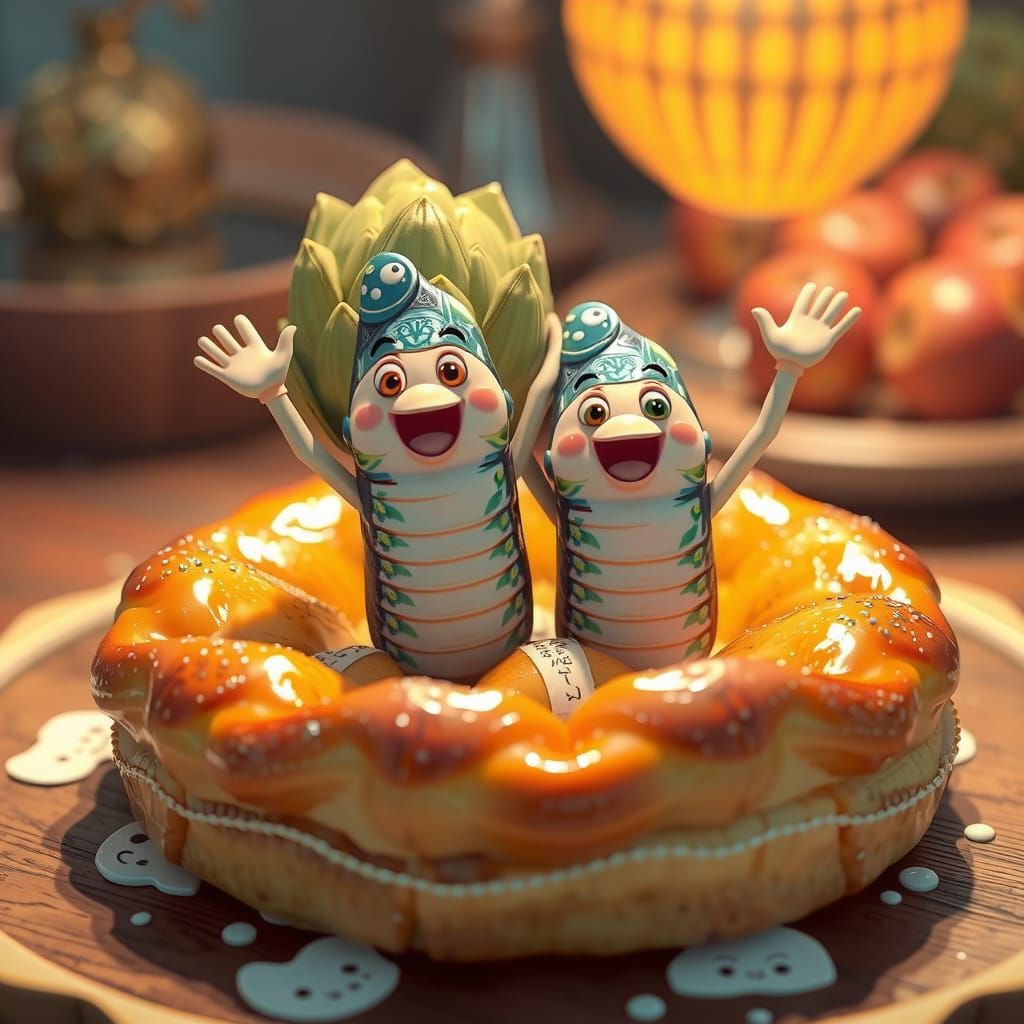 3d comic Anchovies and artichokes sitting on an apple strude...
