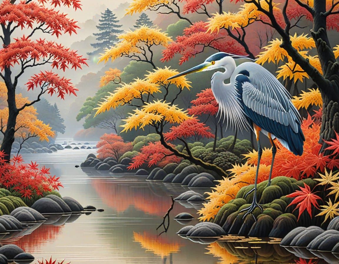 Embroidered Heron in Autumn