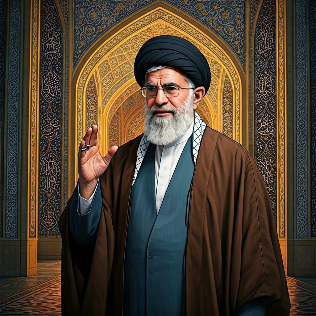 Ali Khamenei in Iranian Mosque, Dramatic Lighting