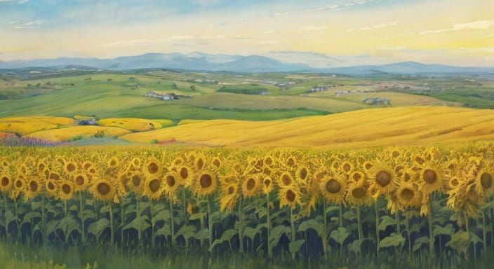 Soft Focus Panoramic Landscape with Rolling Hills and Sunflo...