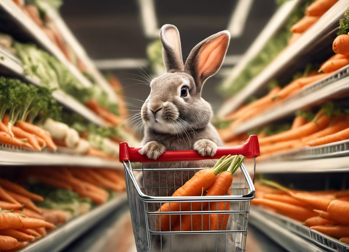 Surreal Anthropomorphic bunny pushing shopping cart filled w...