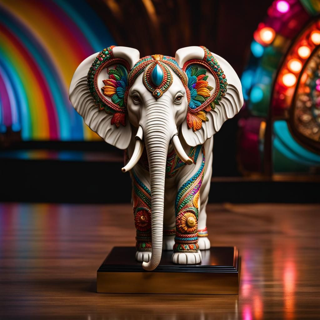 small ivory elephant, statue , trunk positioned up ,psychedelic
