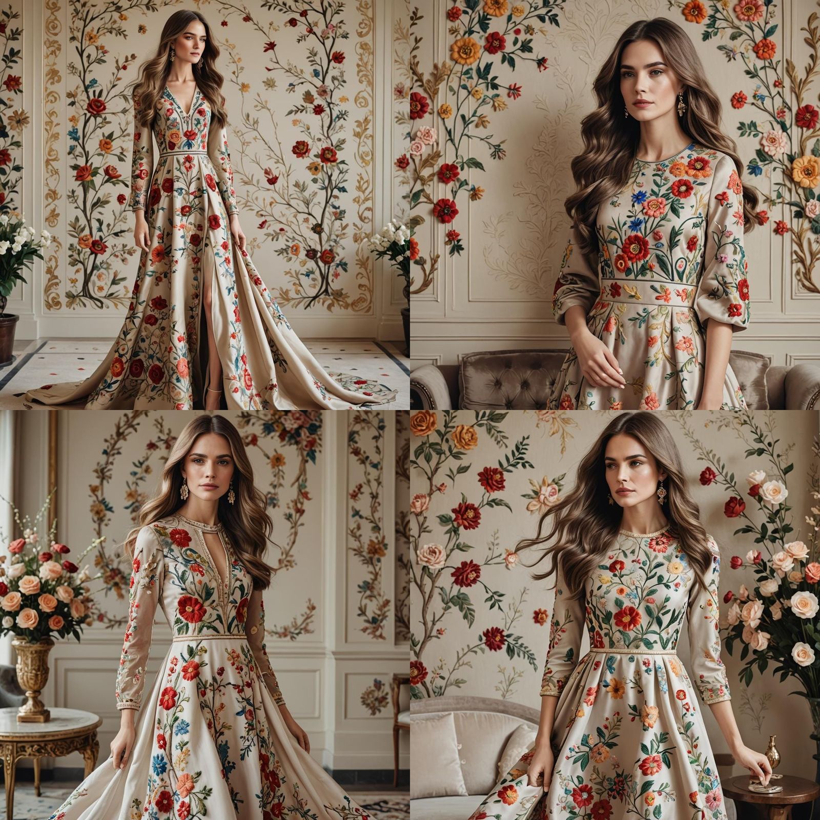 elegant woman with long hair wearing floral embroidery dress...