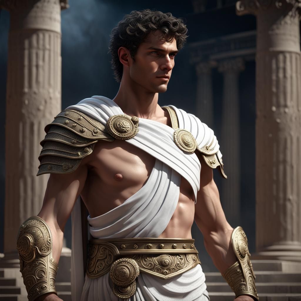 PERSEUS Insanely detailed 20 year old Ancient Greek Male, dressed in White Toga and Rocco-Onyx armor, ...  by @Brizzen