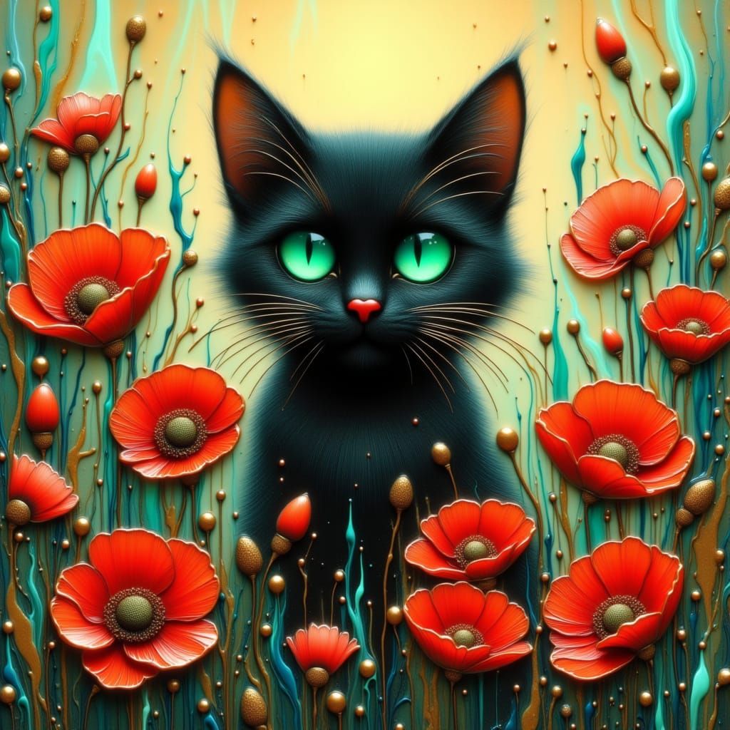 <lora:Teal and gold:1.0> whimsical black cat and a red poppy fantasy art 