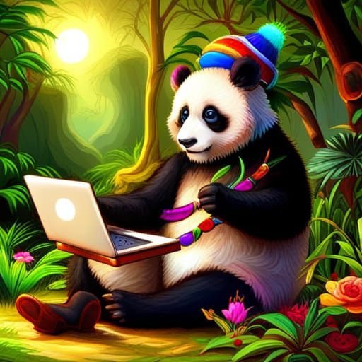 Panda also uses laptop - created using SDXL